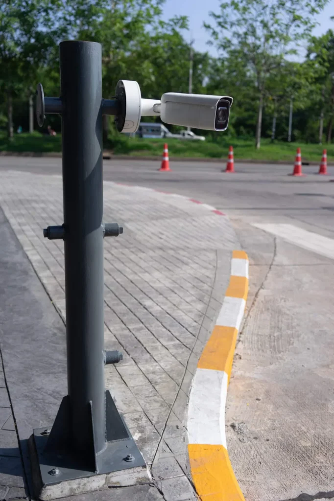 Caméra de vidéosurveillance installée en hauteur sur un mât extérieur
