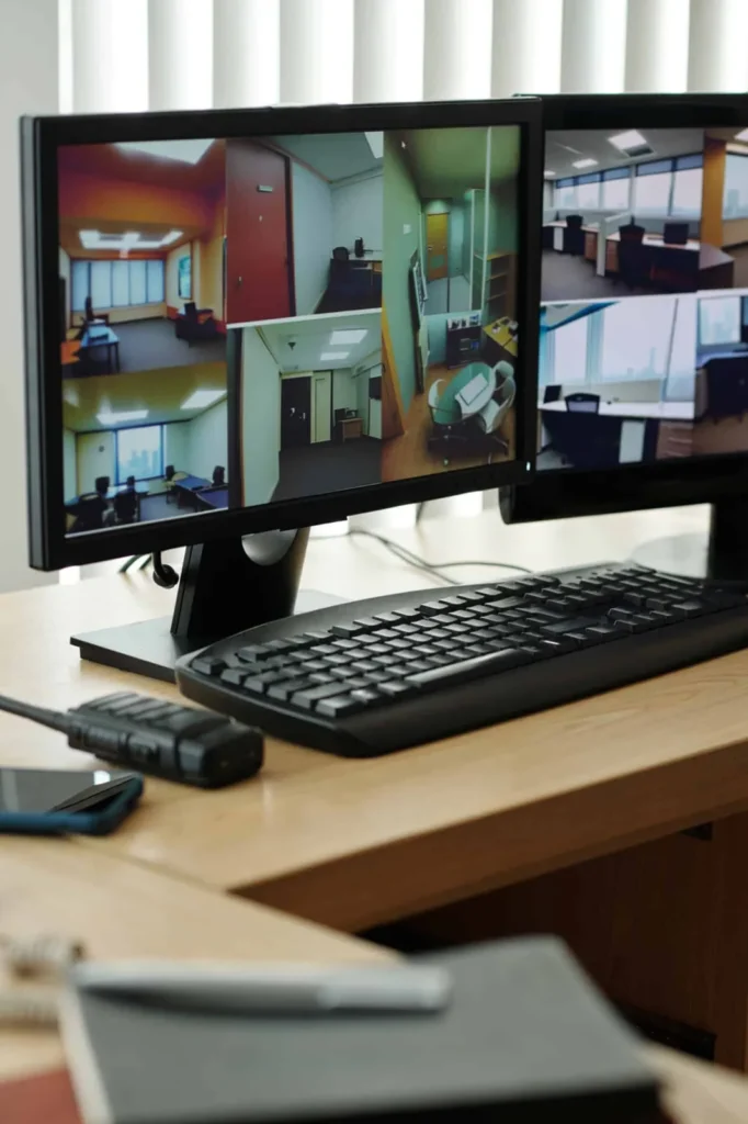 Moniteurs affichant les images des caméras de vidéosurveillance en salle de contrôle