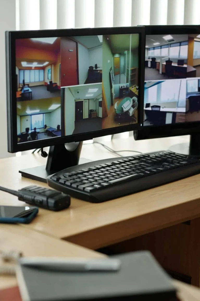 Moniteurs affichant les images des caméras de vidéosurveillance en salle de contrôle