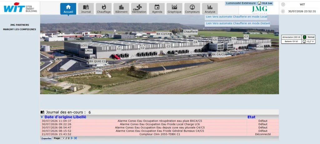 Interface de supervision GTB WIT affichant le synoptique du site et le journal des alarmes