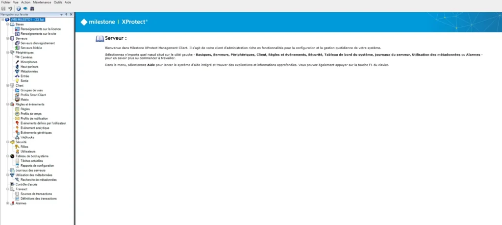 Interface du serveur de vidéosurveillance Milestone XProtect