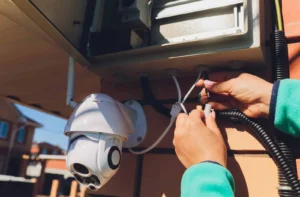 Technicienne réglant une caméra de vidéosurveillance fixée au mur